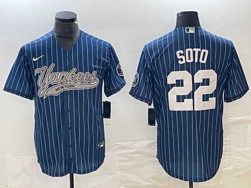 Mens New York Yankees #22 Juan Soto Blue Pinstripe Cool Base Stitched Baseball Jersey